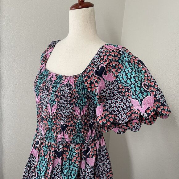 Simply Southern Smocked Dress Womens Large Pink Flamingos Floral Puff Sleeve - Picture 3 of 9
